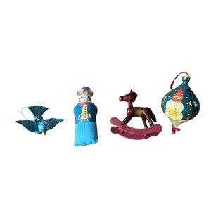 Lot 4 Vintage Christmas Ornaments Taiwan Wood Bird Rocking Horse Cloth Mouse Box